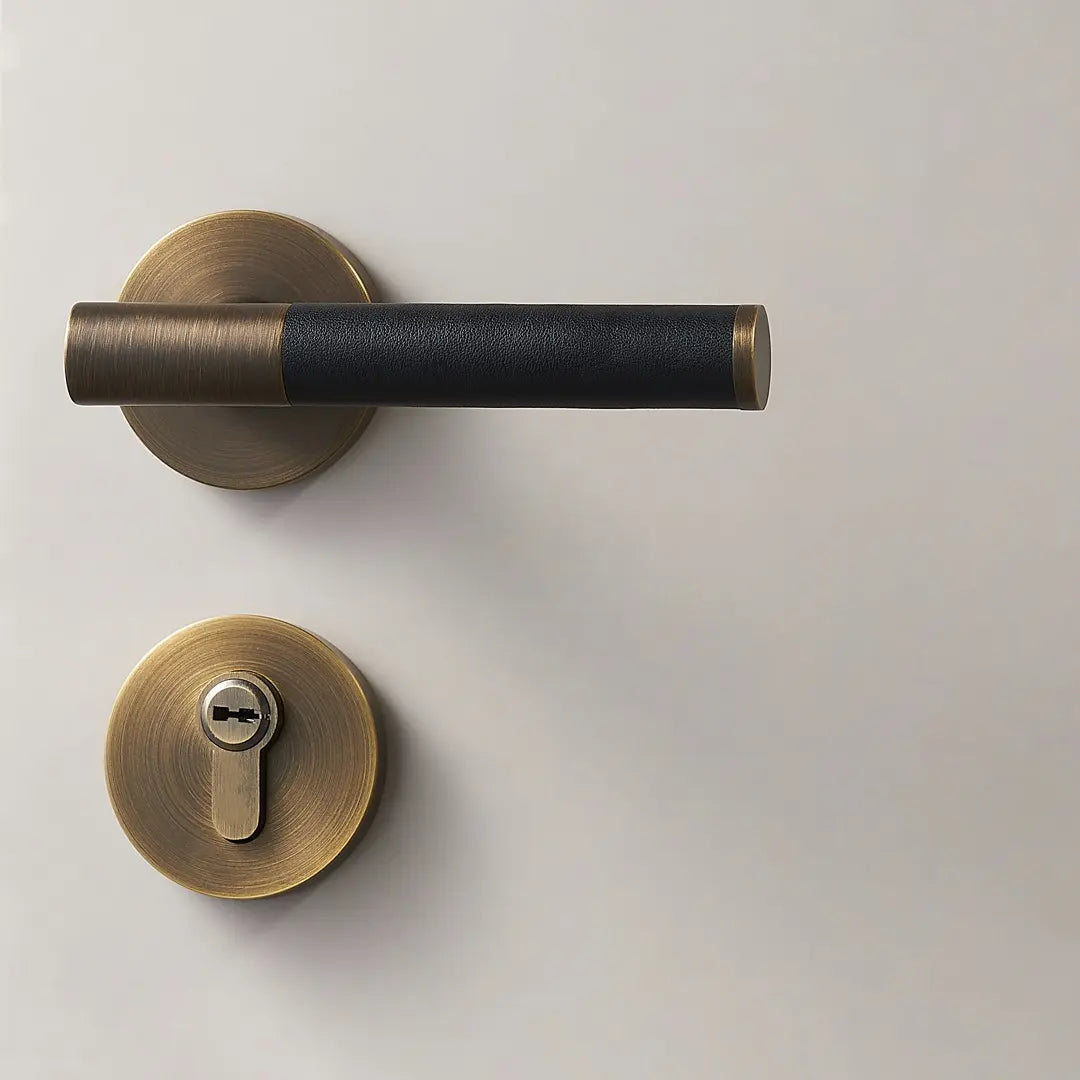 Kara Solid Brass &amp; Leather Door Lever | Bronze &amp; Black