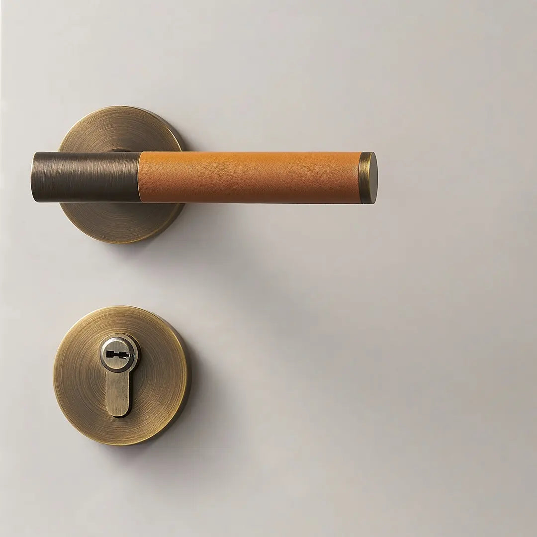 Kara Solid Brass &amp; Leather Door Lever | Bronze &amp; Orange