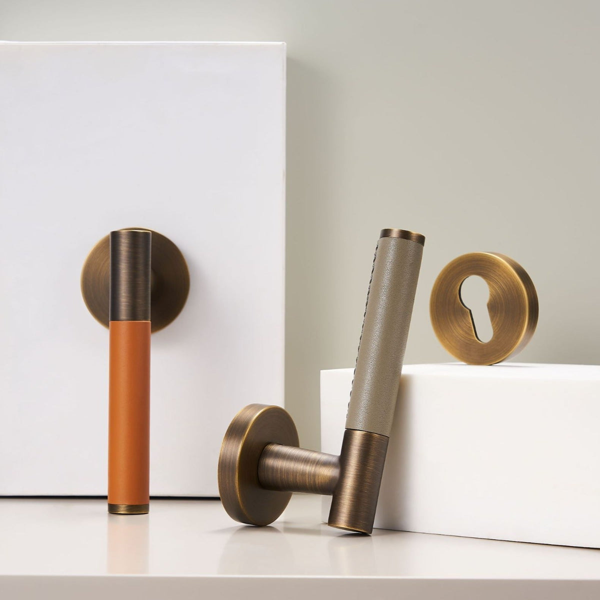 Kara Solid Brass &amp; Leather Door Lever | Bronze &amp; Grey