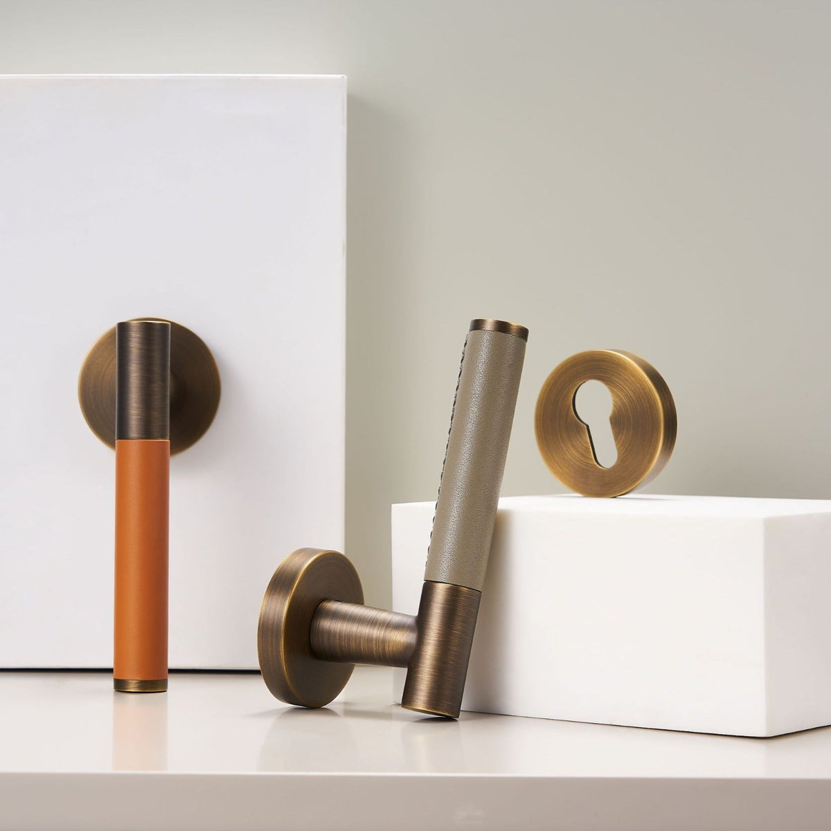 Kara Solid Brass &amp; Leather Door Lever | Bronze &amp; Orange