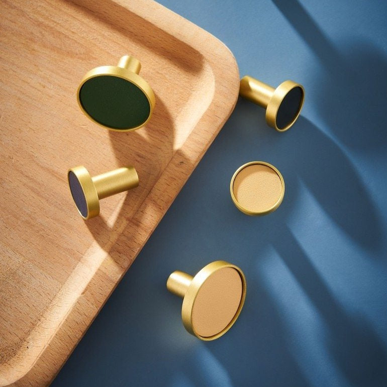 Kara Solid Brass &amp; Leather Knob | Gold &amp; Green