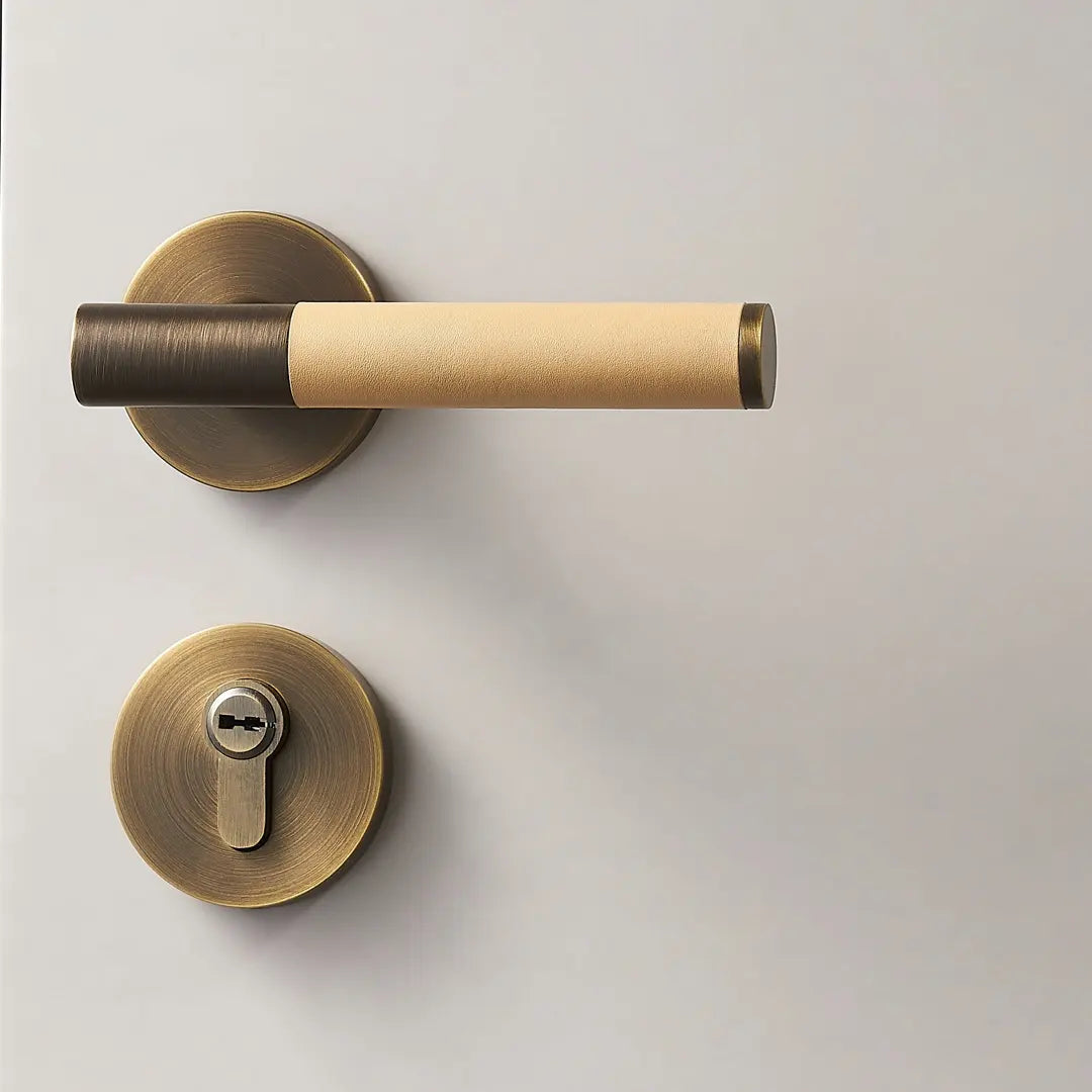 Kara Solid Brass &amp; Leather Door Lever | Bronze &amp; Beige