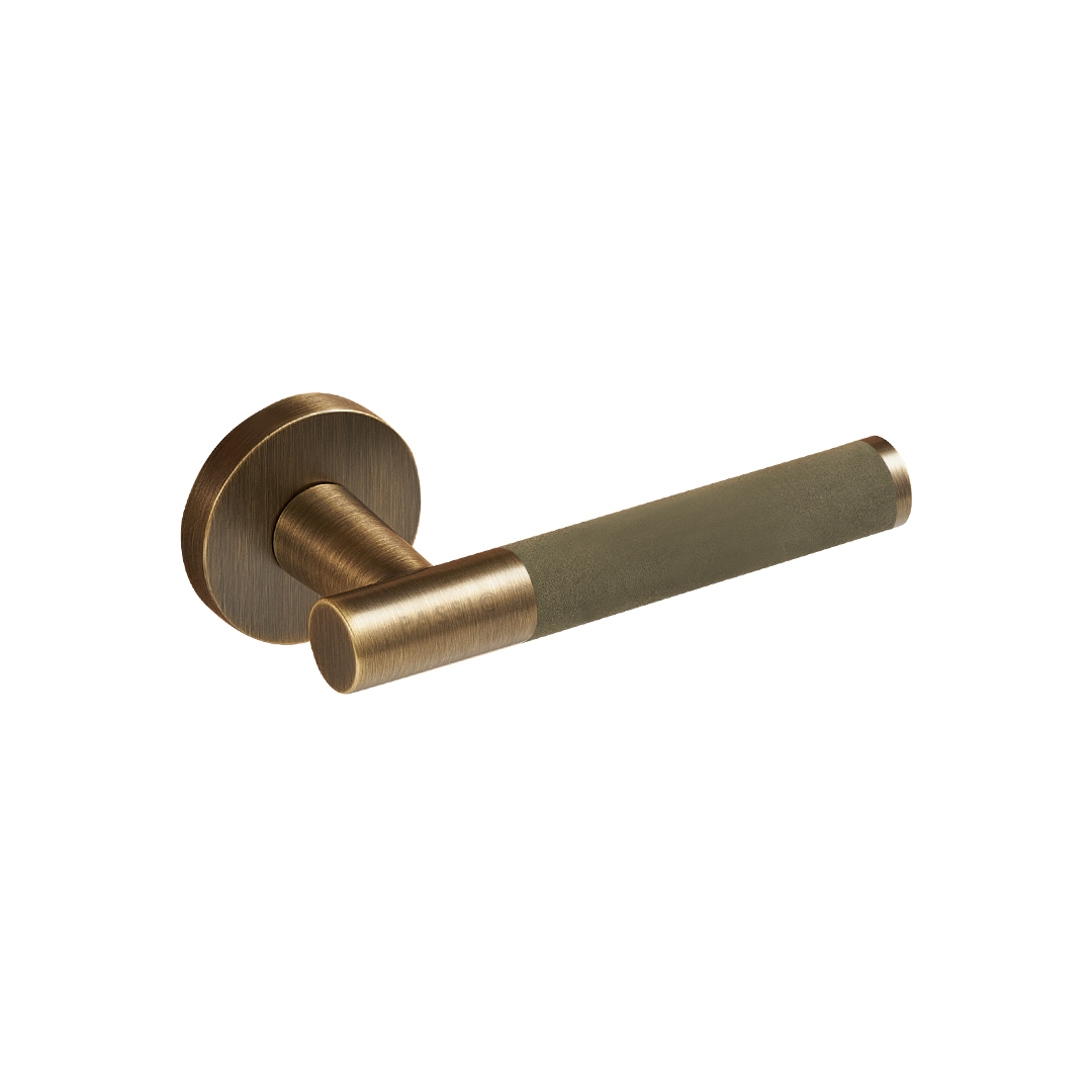 Santo Solid Brass Door Lever | Bronze &amp; Torino Green (Crazy Horse Leather)