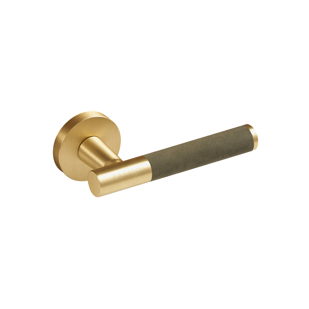 Santo Solid Brass Door Lever | Gold &amp; Torino Green (Crazy Horse Leather)