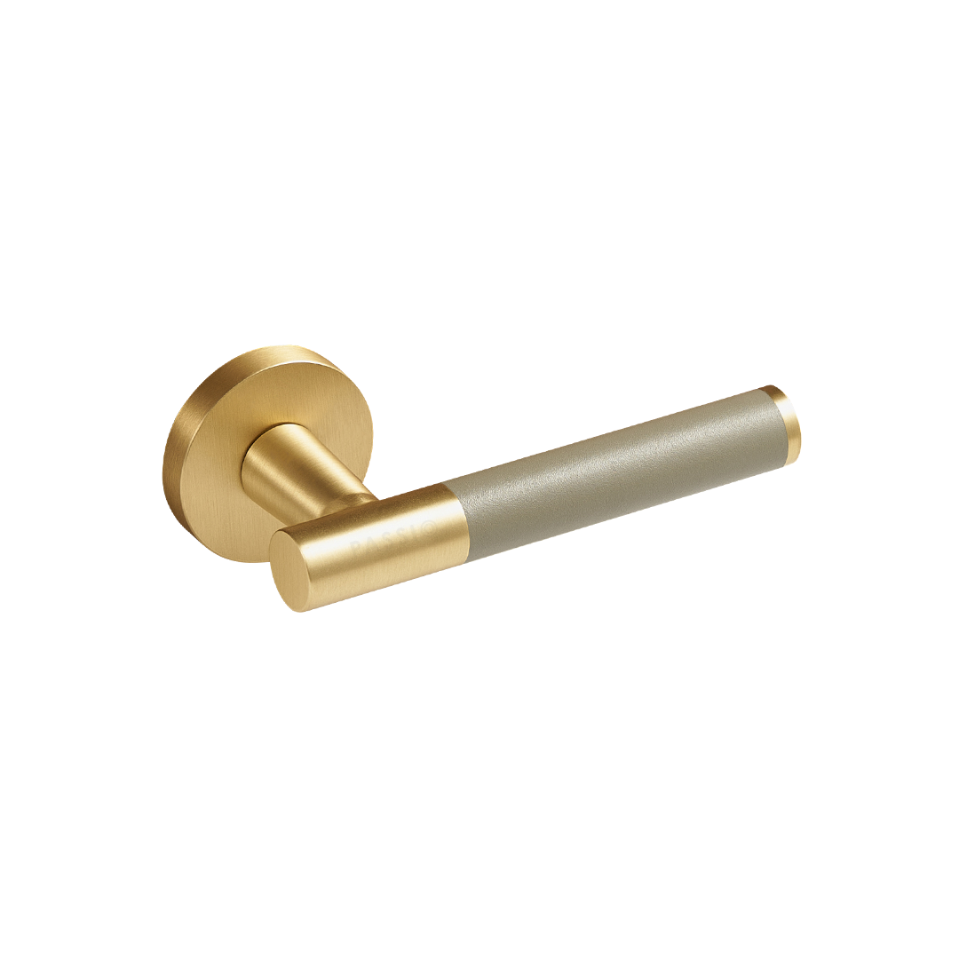 Santo Solid Brass Door Lever | Gold &amp; Alpine Grey (Crazy Horse Leather)