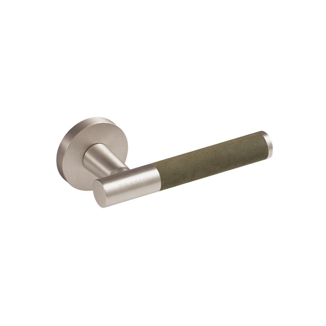 Santo Solid Brass Door Lever | Satin Nickel &amp; Torino Green (Crazy Horse Leather)