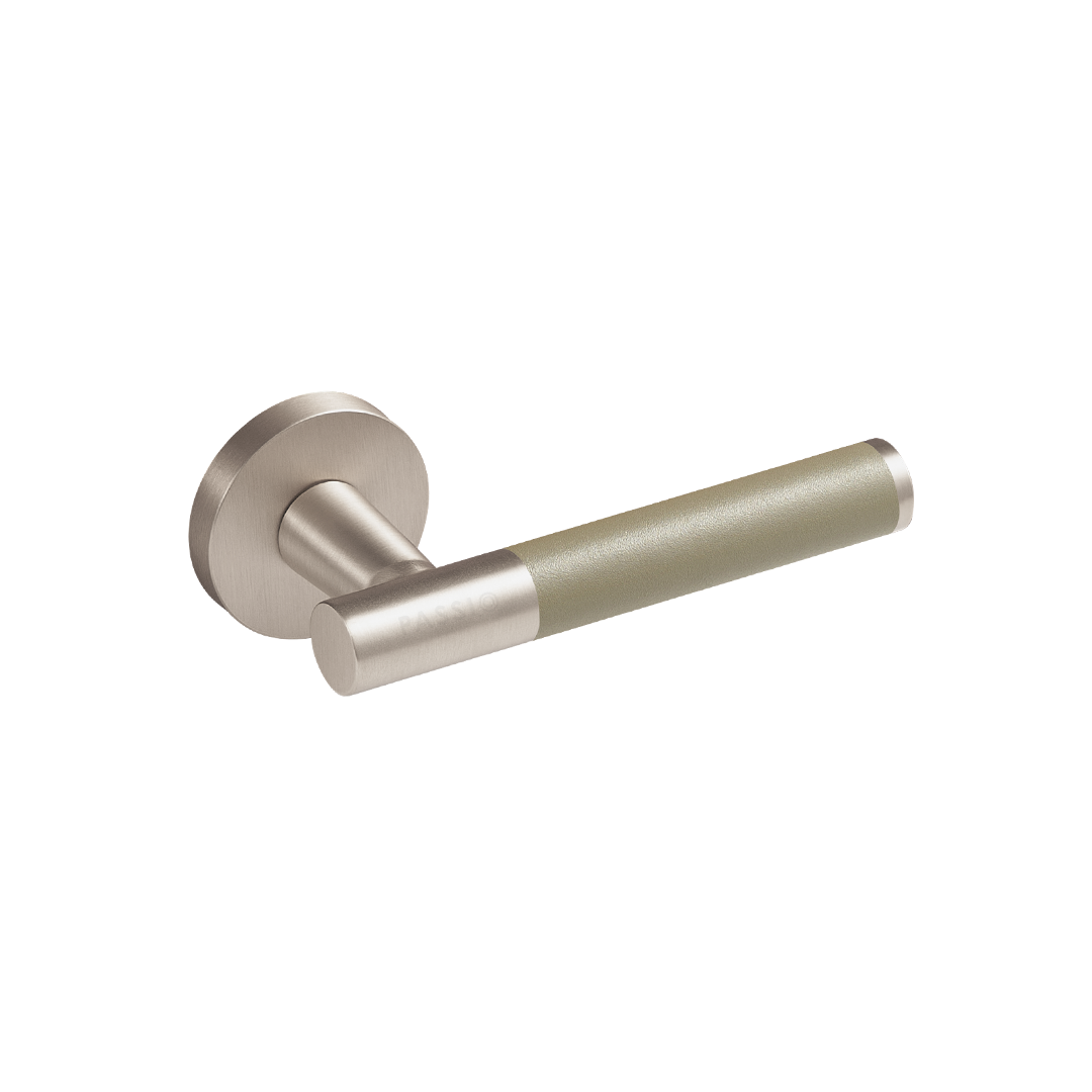 Santo Solid Brass Door Lever | Satin Nickel &amp; Alpine Grey (Crazy Horse Leather)