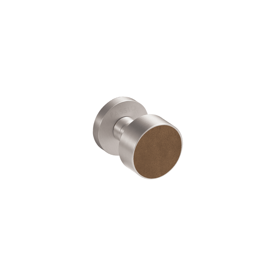 Santo Solid Brass Door Knob | Satin Nickel & Castano Brown (Crazy Horse Leather) - Passio Interiors