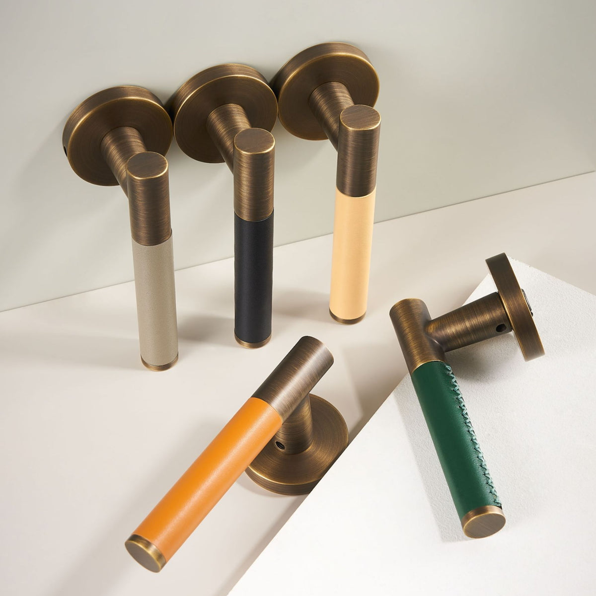 Kara Solid Brass &amp; Leather Door Lever | Bronze &amp; Beige