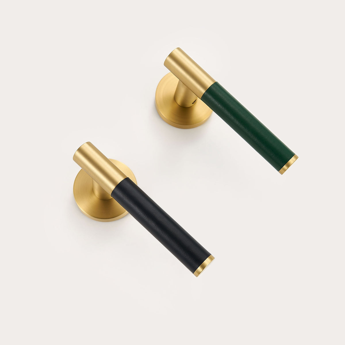 Kara Solid Brass &amp; Leather Door Lever | Gold &amp; Green