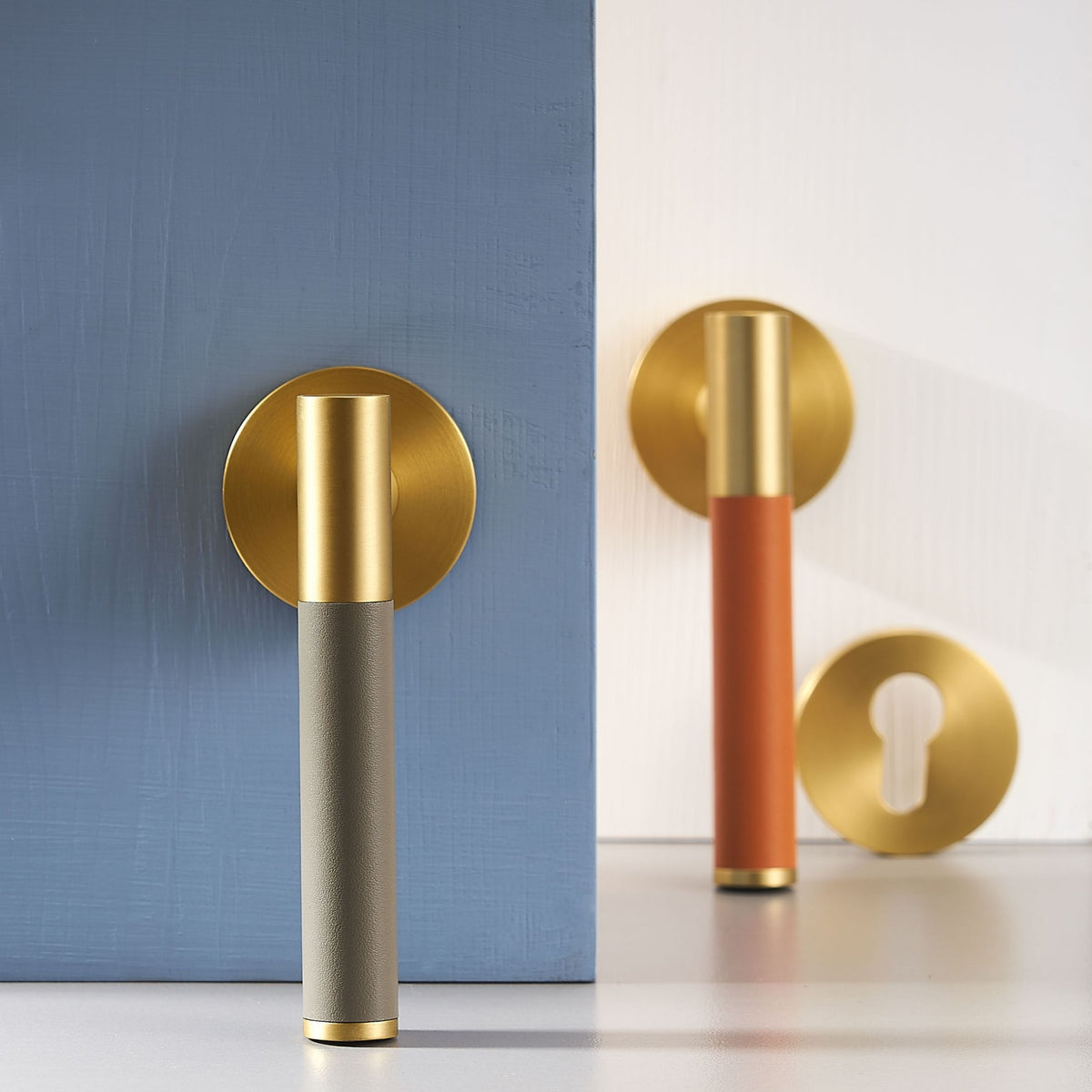 Kara Solid Brass &amp; Leather Door Lever | Gold &amp; Orange