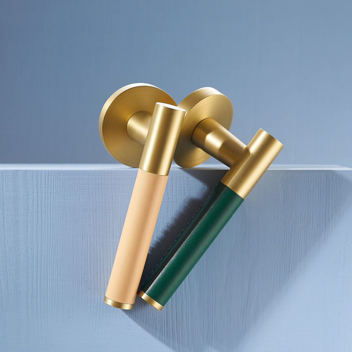 Kara Solid Brass &amp; Leather Door Lever | Gold &amp; Green